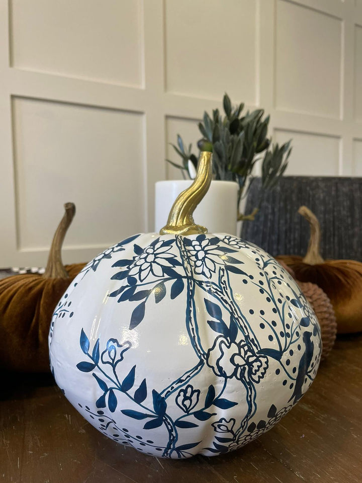 6" Blue Floral Hand Painted Pumpkin-Ornaments-LNH Edit